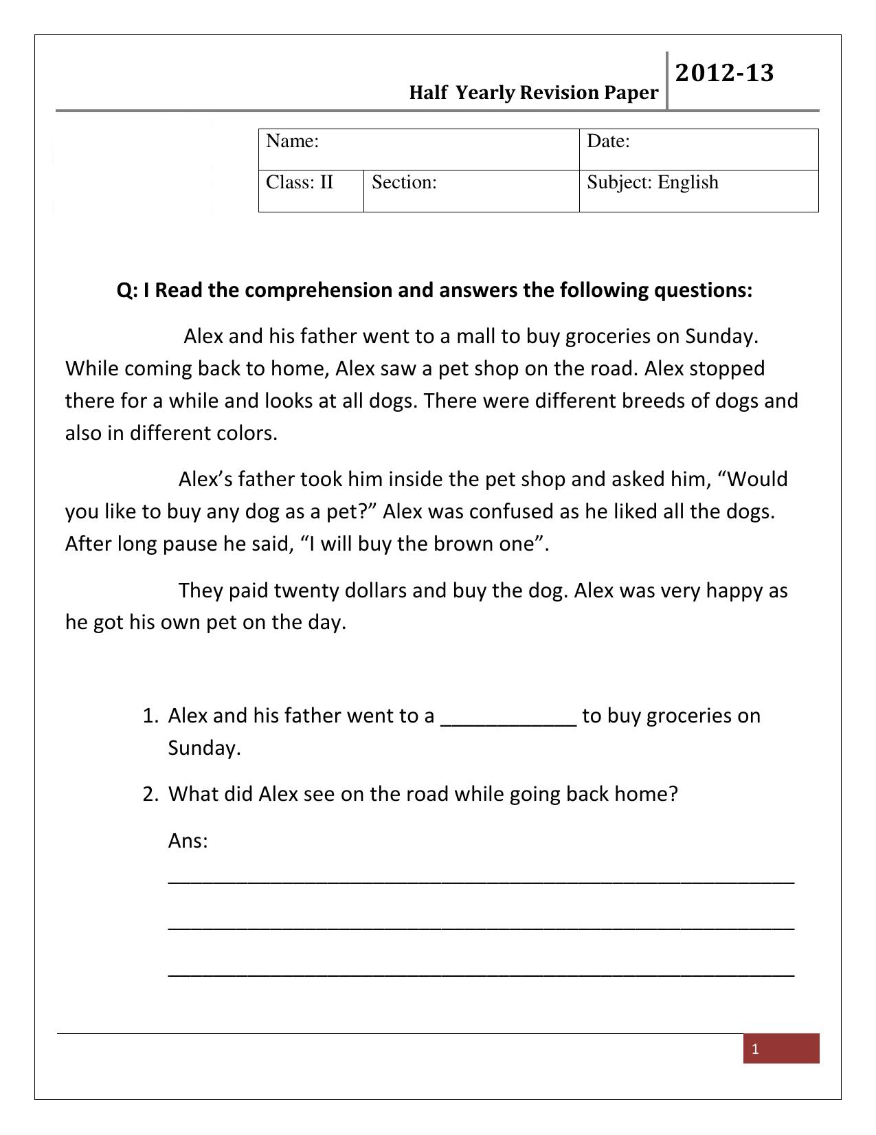 Worksheet for Class 2 English Assignment 12 - Page 1