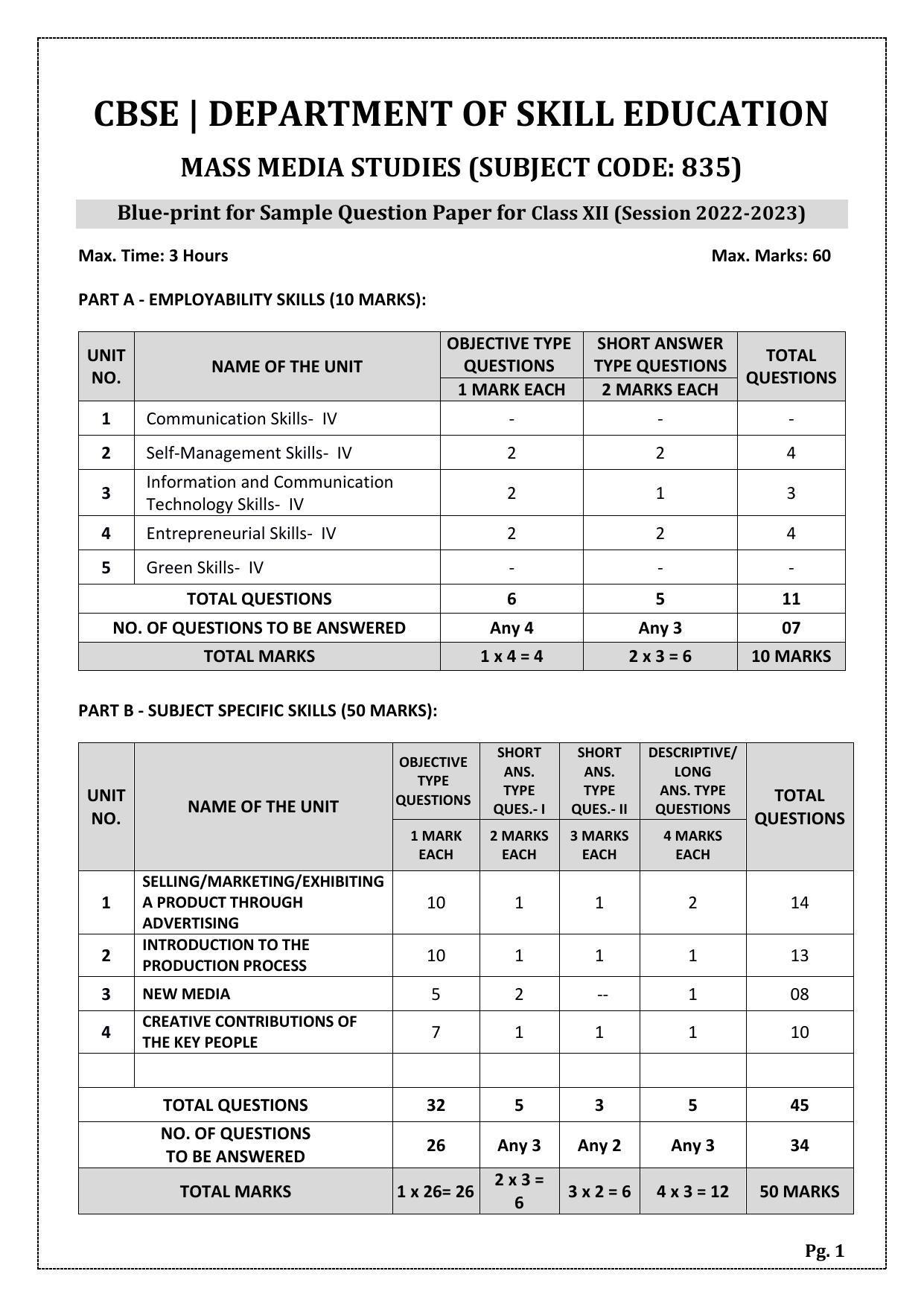 CBSE Class 10 Mass Media Studies (Skill Education) Sample Papers 2023 - Page 1