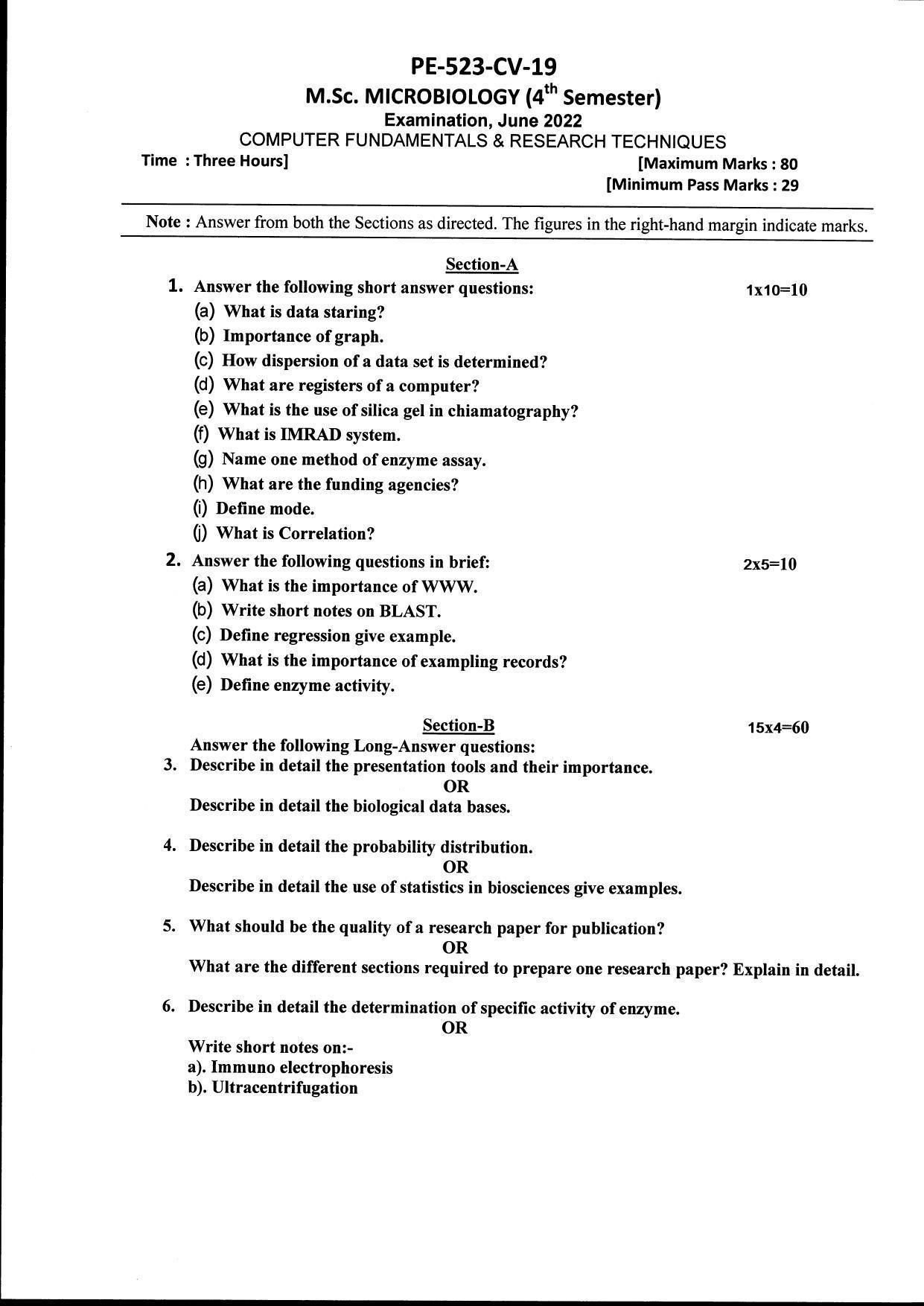 Bilaspur University Question Paper June 2022:M.Sc. Microbiology (Fourth Semester) Computer Fundamentals And Research Techniques Paper 1 - Page 1