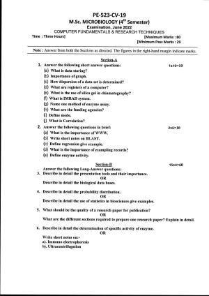 Bilaspur University Question Paper June 2022:M.Sc. Microbiology (Fourth Semester) Computer Fundamentals And Research Techniques Paper 1
