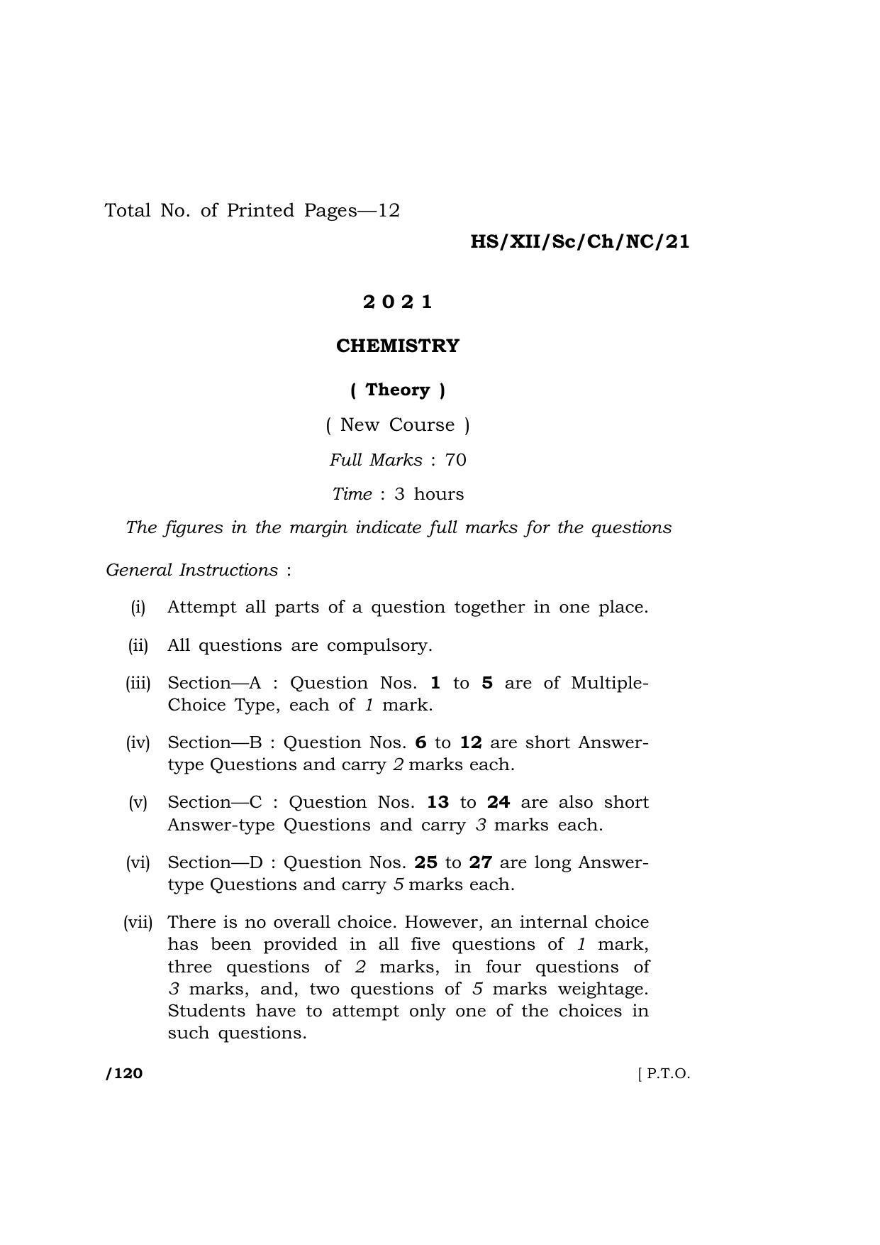 Meghalaya Board (MBOSE) Class 12 CHEMISTRY (New Course) (HS-XII-Sc-Ch-NC-21) 2021 Question Paper - Page 1