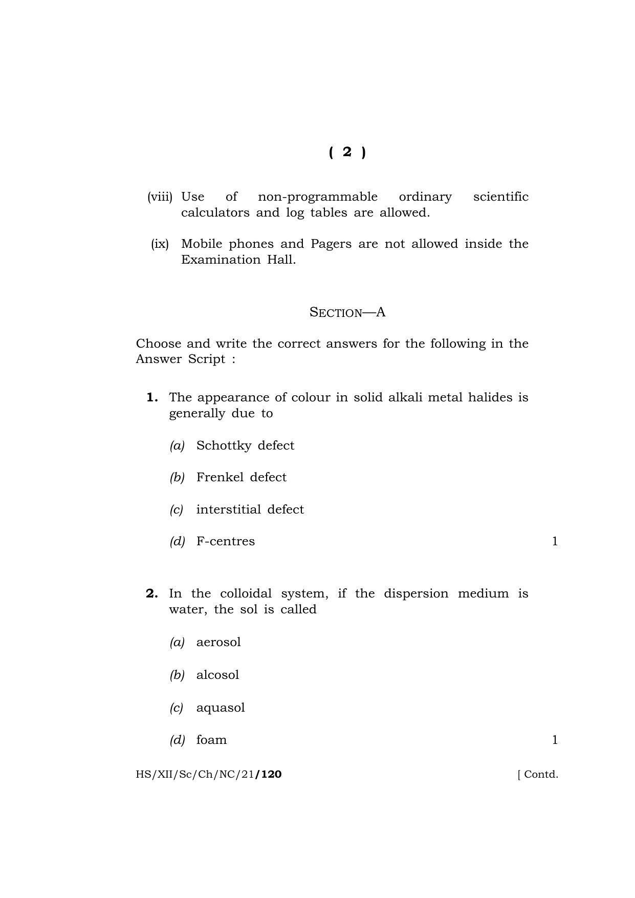 Meghalaya Board (MBOSE) Class 12 CHEMISTRY (New Course) (HS-XII-Sc-Ch-NC-21) 2021 Question Paper - Page 2