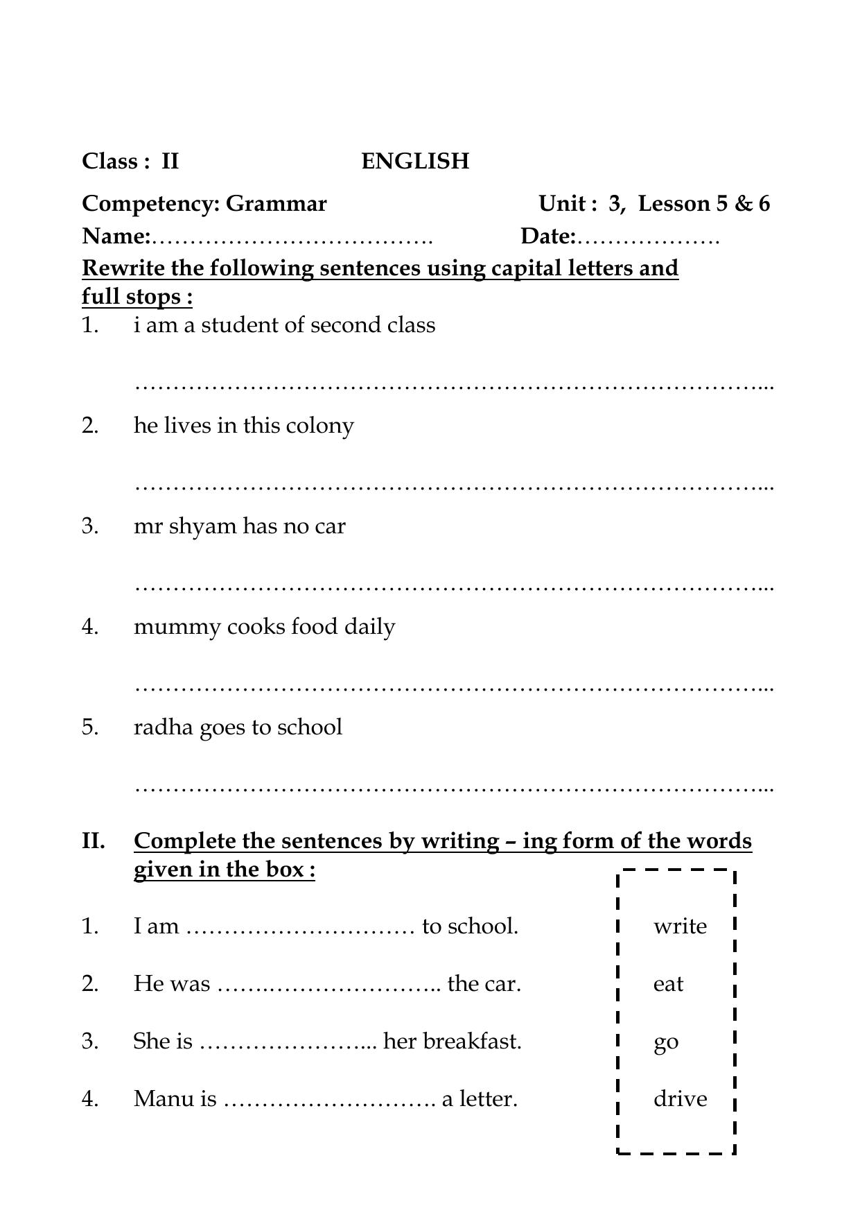 Worksheet for Class 2 English Assignment 26 Grammer - Page 1