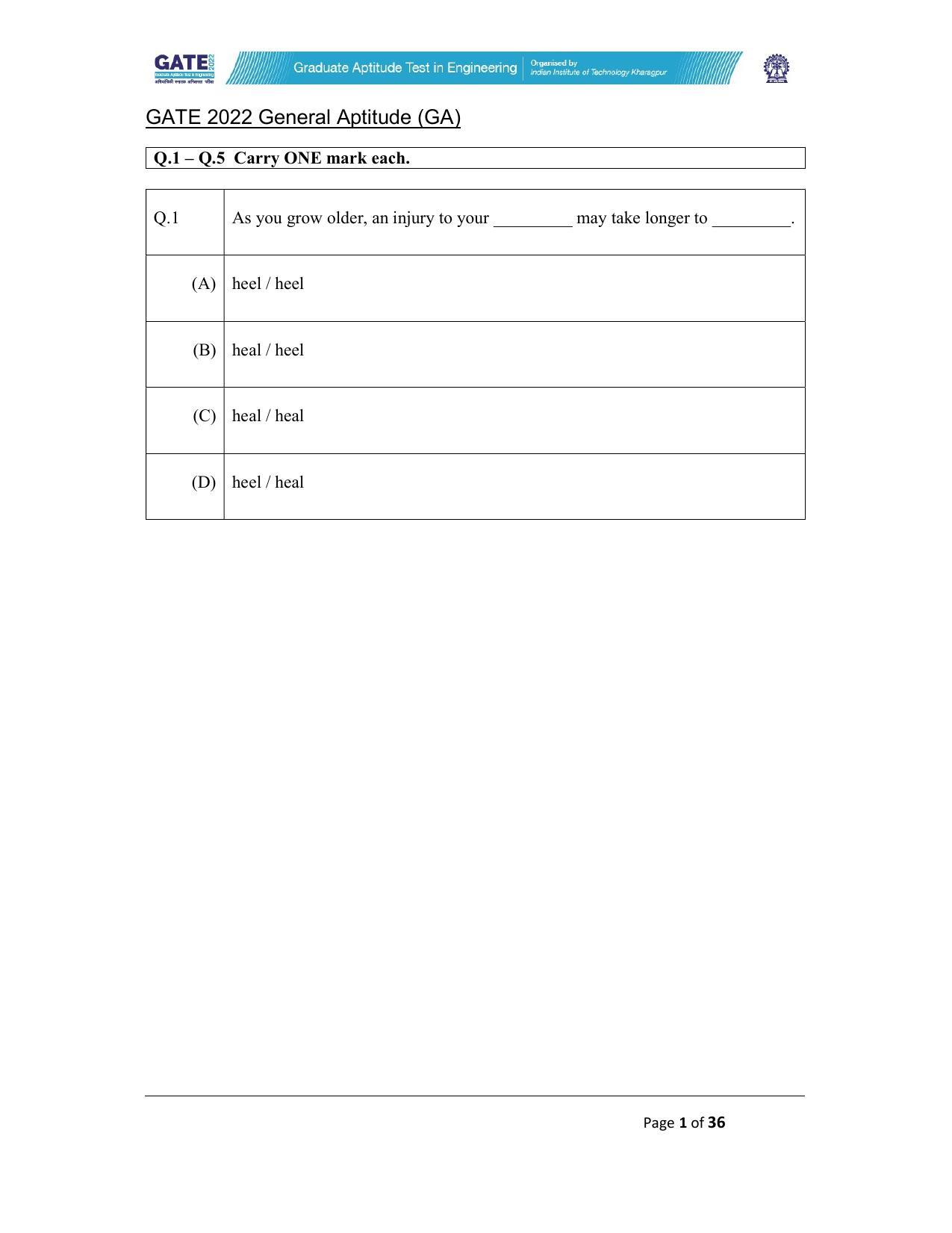 GATE 2022 Electrical Engineering (EE) Question Paper - Page 1