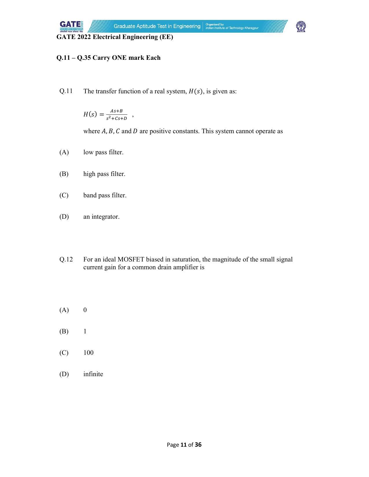 GATE 2022 Electrical Engineering (EE) Question Paper - Page 11