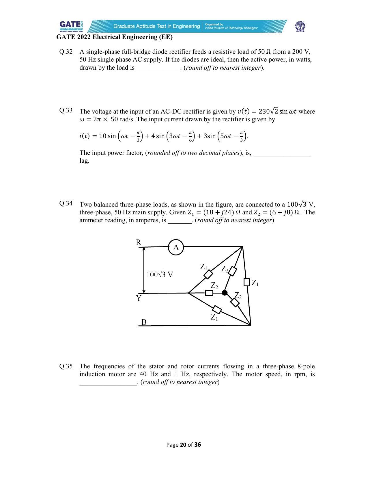 GATE 2022 Electrical Engineering (EE) Question Paper - Page 20