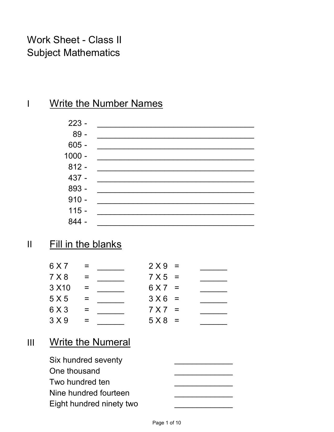 Revision Worksheets for Class 2 Maths Assignment 83 - Page 1