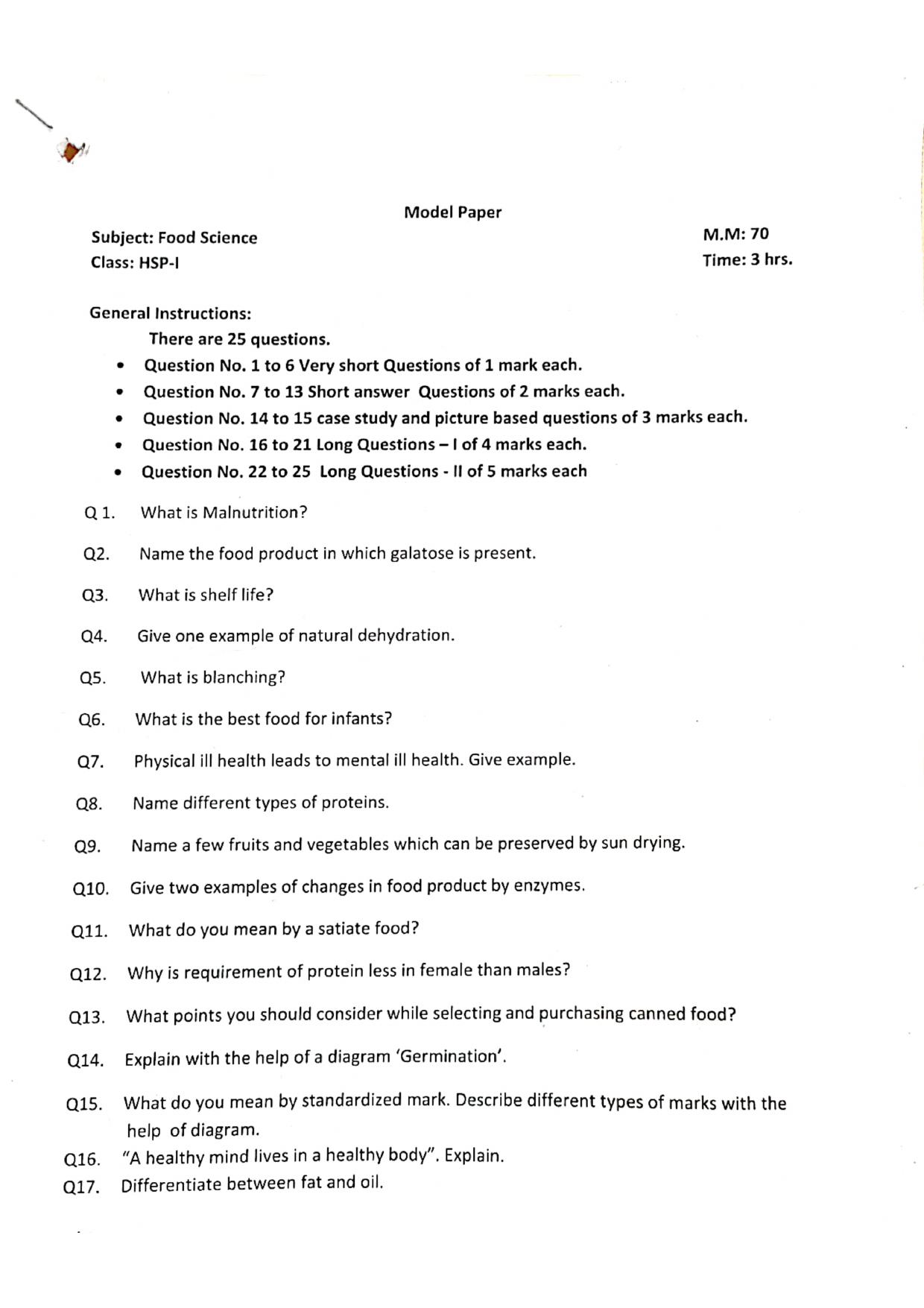 JKBOSE Class 11 Food Science Model Question Paper - Page 1
