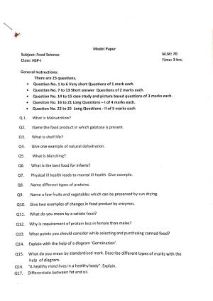JKBOSE Class 11 Food Science Model Question Paper