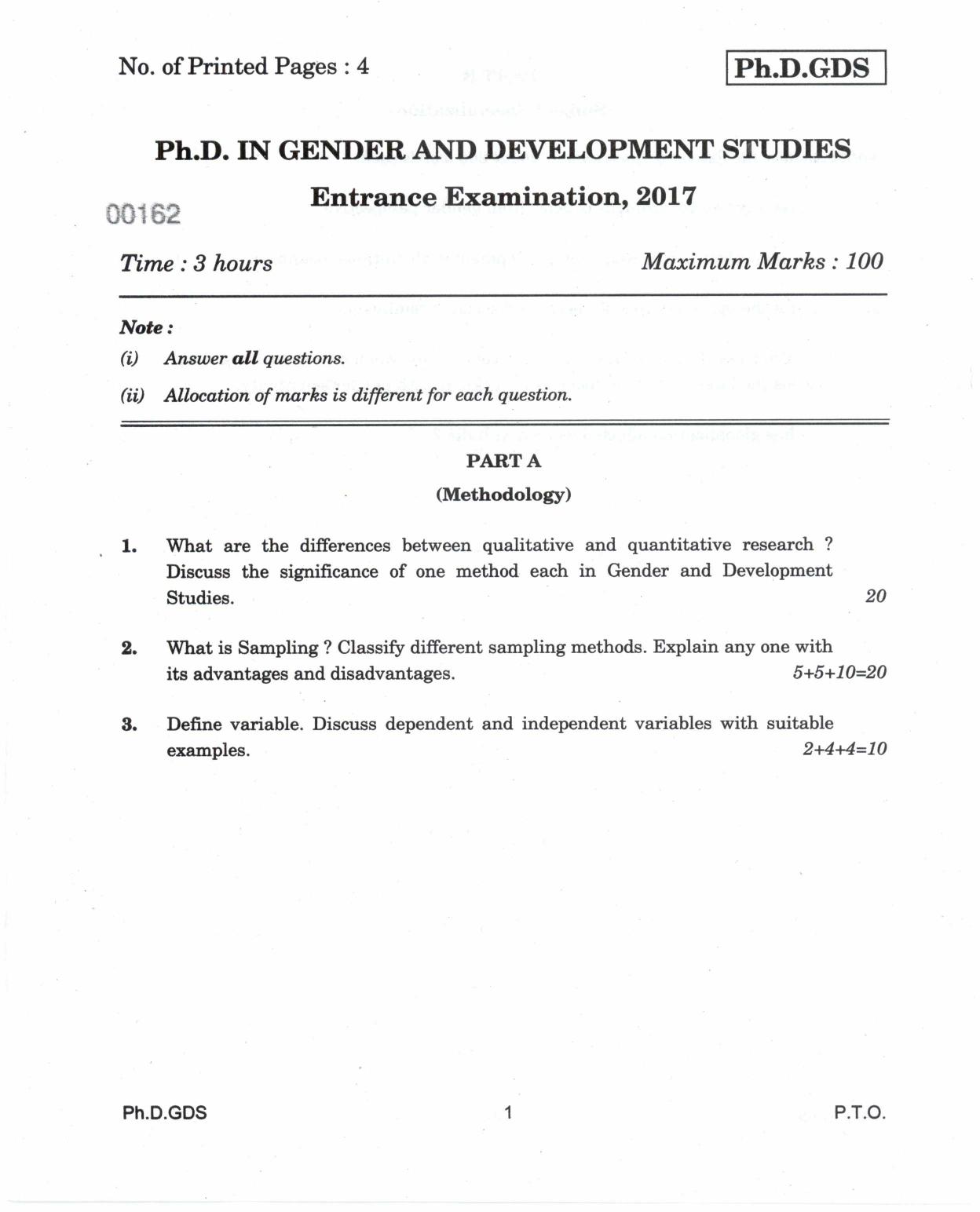 IGNOU PhD Entrance Test Ph.D. In Gender And Development Studies 2017 Question Paper - Page 1