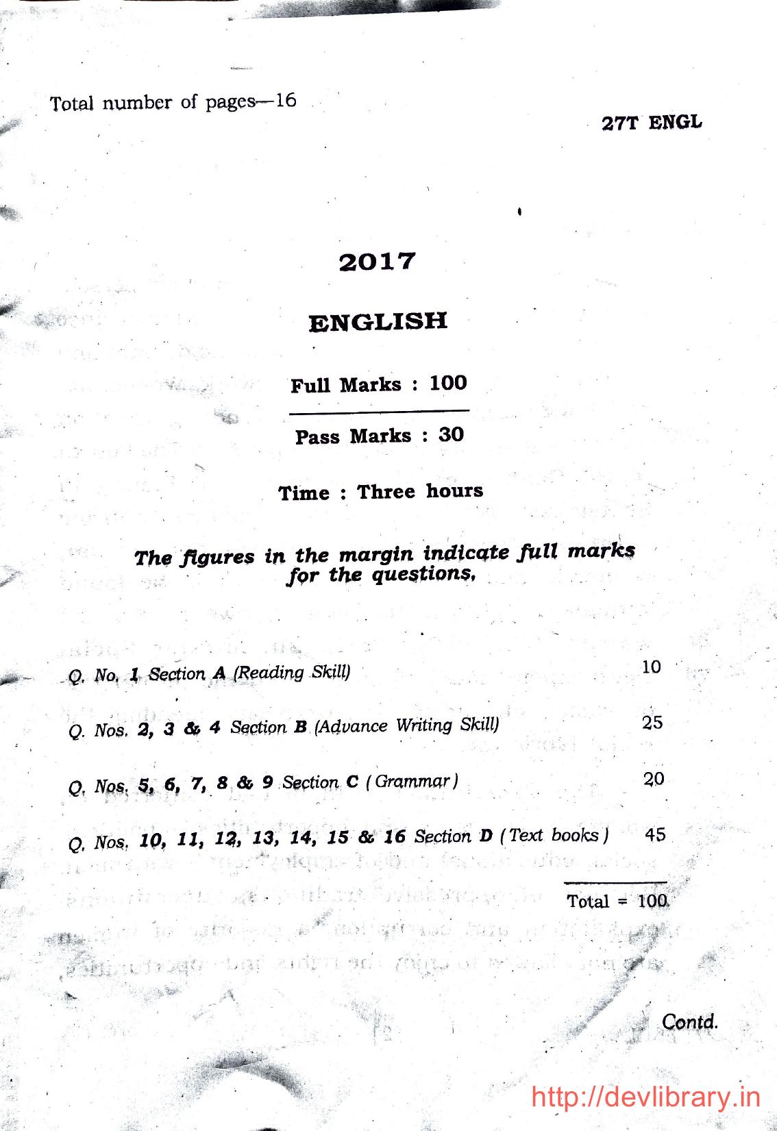Assam HS 2nd Year English 2017 Question Paper - Page 1