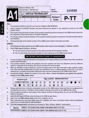 Karnataka PGCET 2020 Textile Technology Question Paper