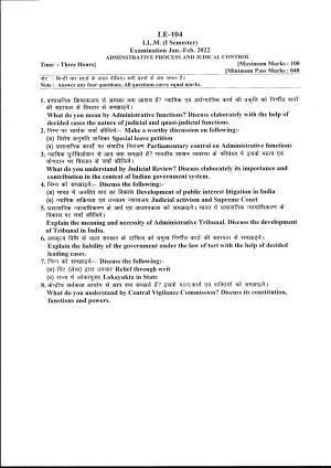 Bilaspur University Question Paper 2021-2022:LL.M. (I SEM.) Administrative Process And Judical Control Paper 1