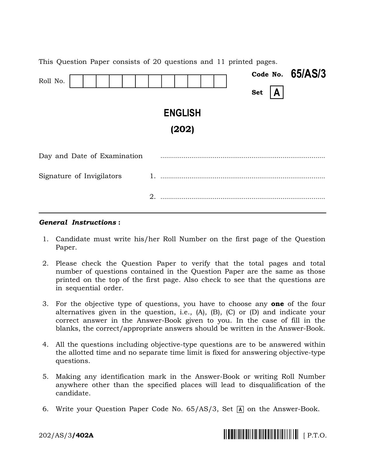 NIOS 2023 Class 10 English (AS) Question Paper - Page 1