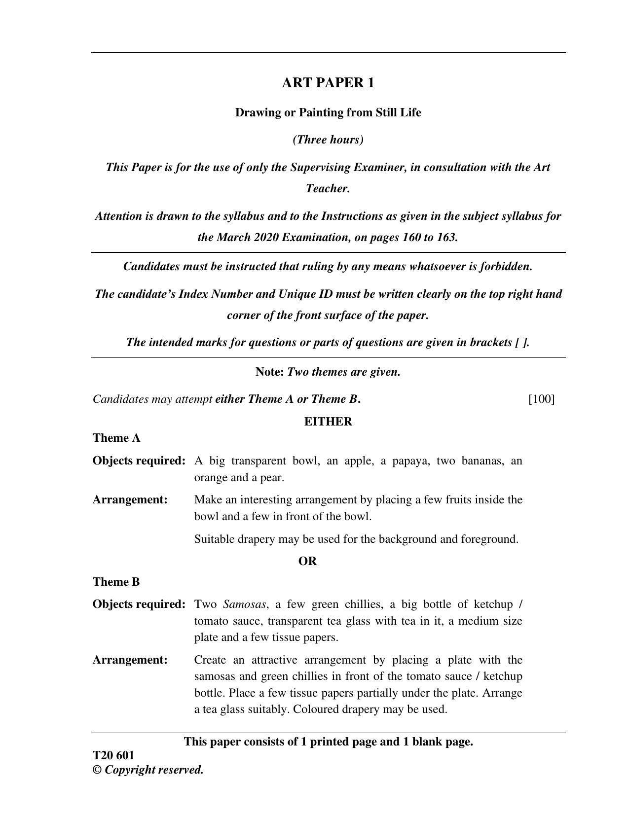 ICSE Class 10 Art Paper 1 (Drawing or Painting from Still Life) 2020 Question Paper - Page 1