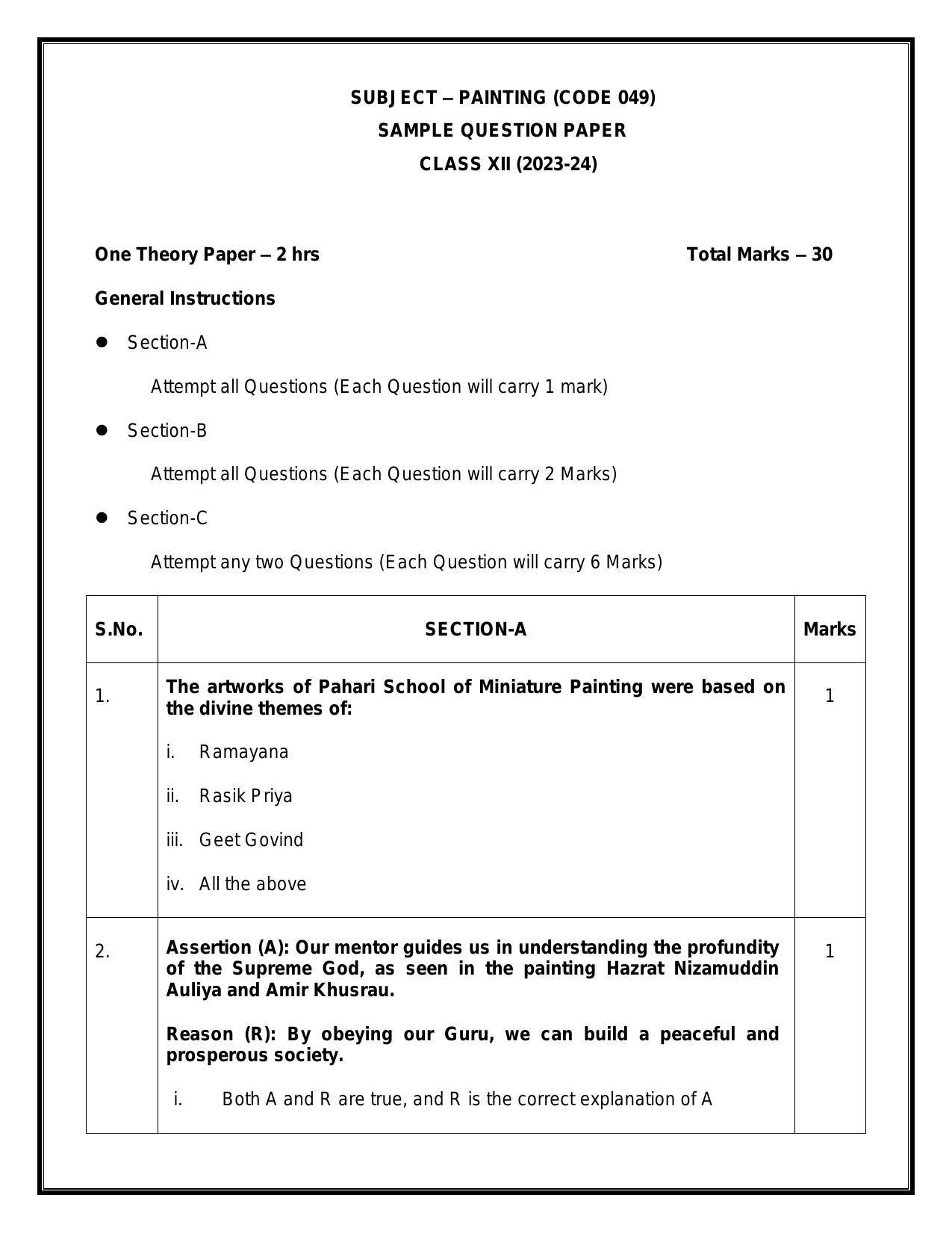 CBSE Class 12 Painting Sample Paper 2024 - Page 1