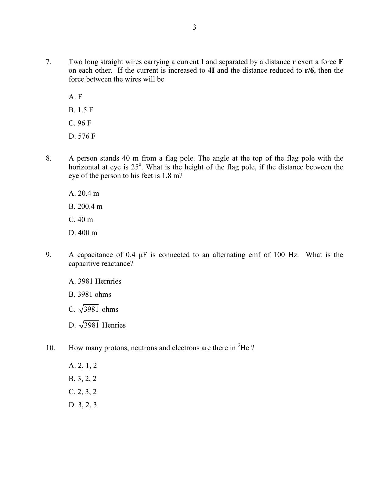 CUSAT CAT 2016 Physics Question Paper - Page 3