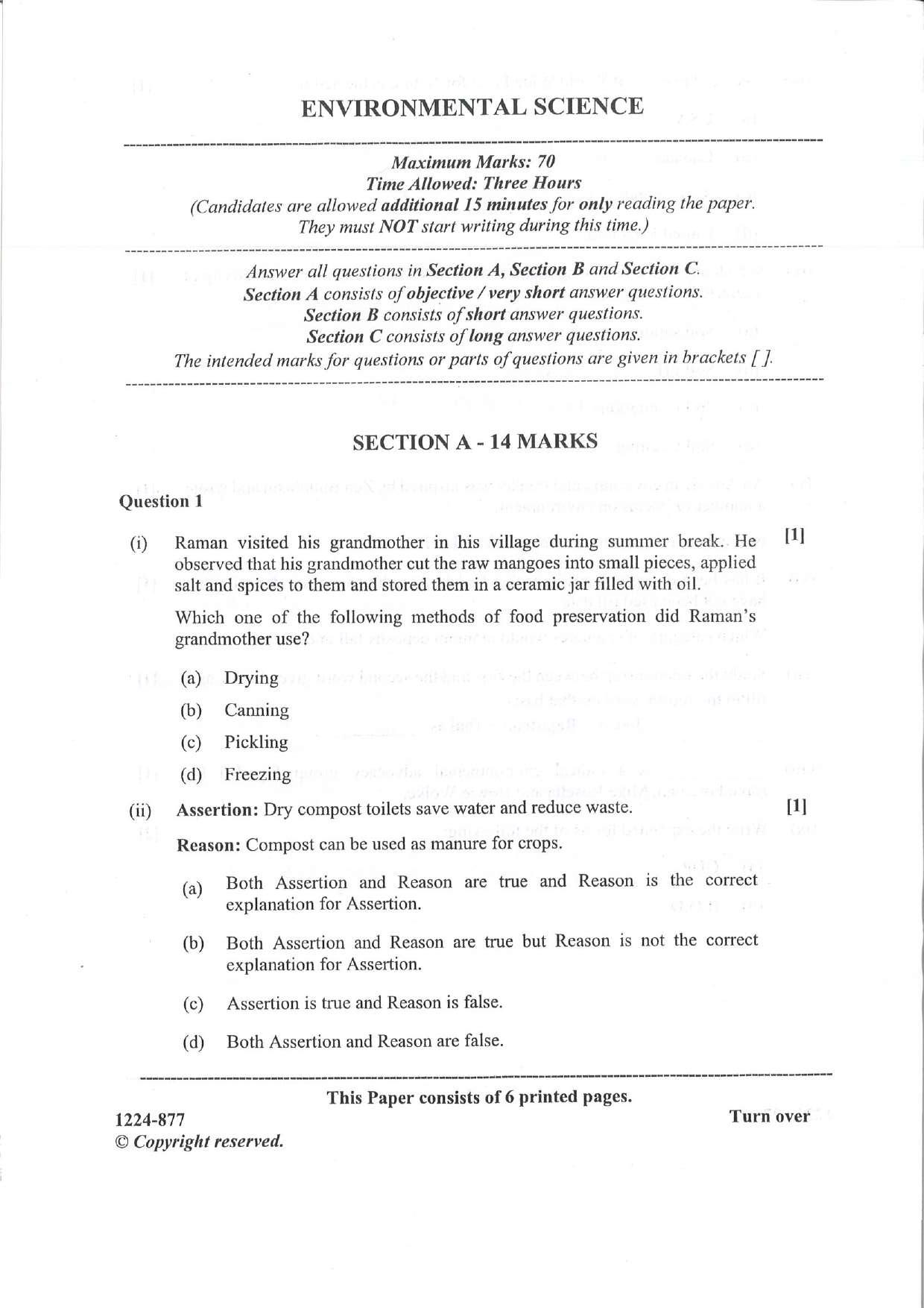 ISC Class 12 Environmental Science 2024 Question Paper - Page 1