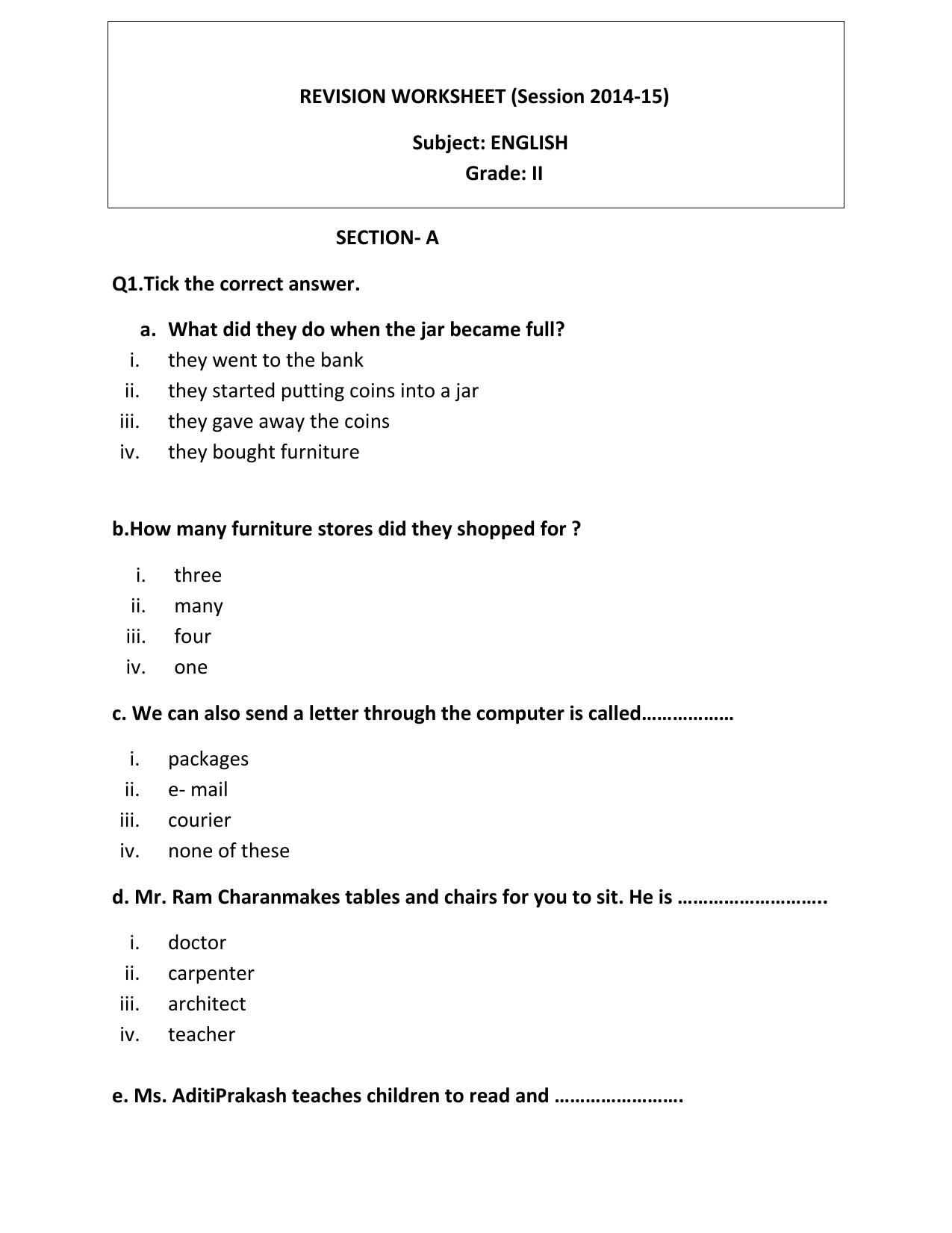 Worksheet for Class 2 English Assignment 48 Revision - Page 1