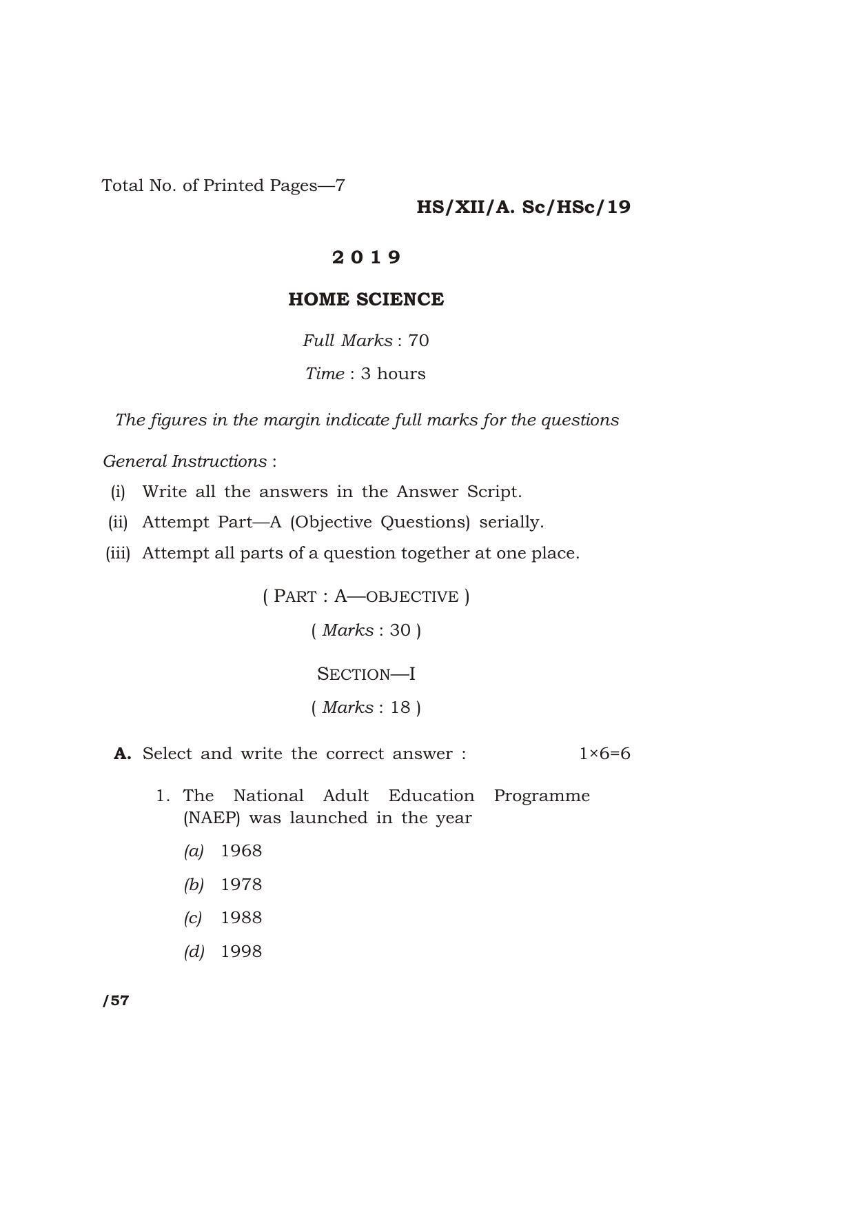 Meghalaya Board (MBOSE) Class 12 HOME SCIENCE 2019 Question Paper - Page 1