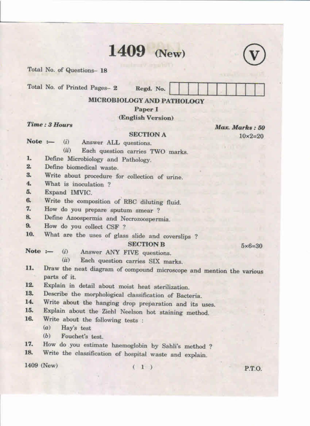 AP Inter 1st Year Microbiology and Pathology-I (New) May-2019-Vocational Question Paper - Page 1