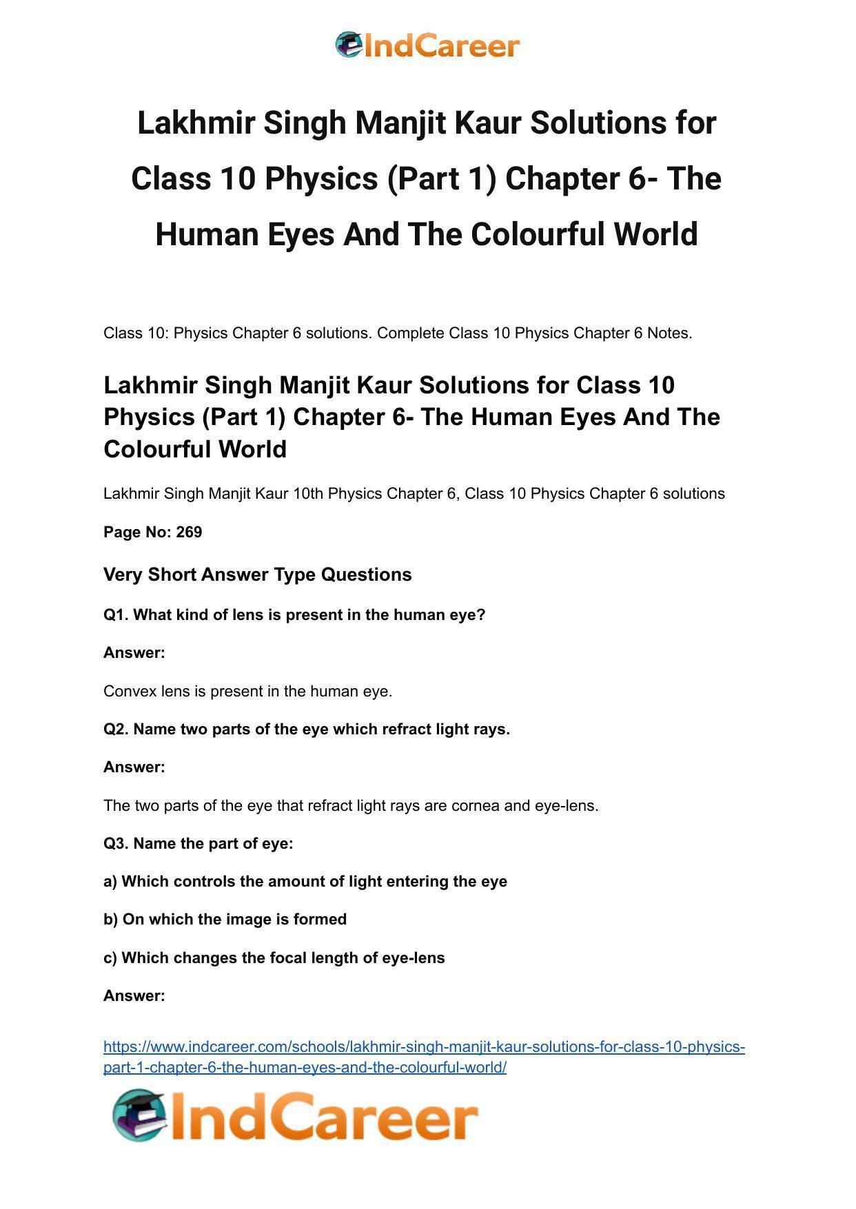 Lakhmir Singh Manjit Kaur Solutions for Class 10 Physics (Part 1) Chapter 6- The Human Eyes And The Colourful World - Page 2
