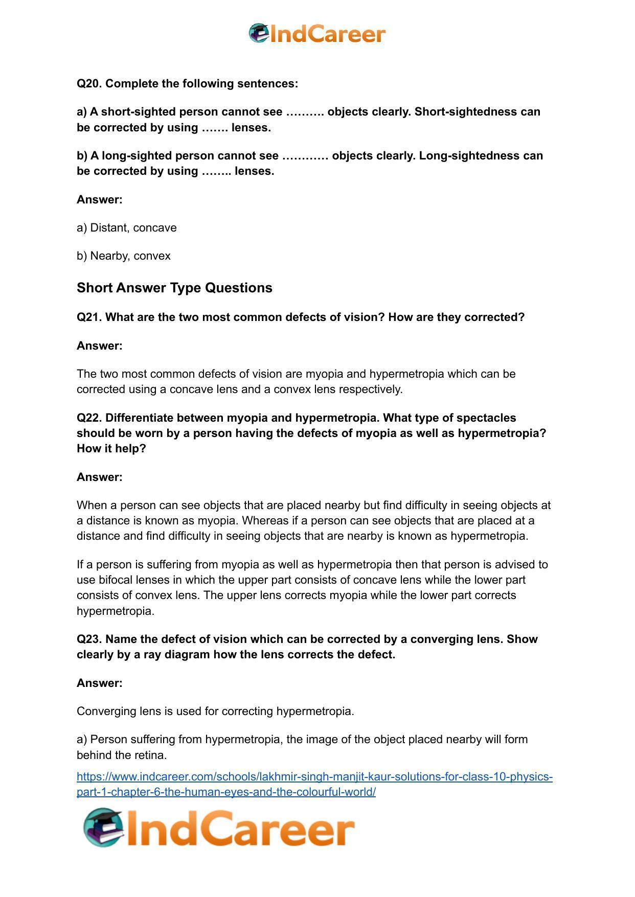 Lakhmir Singh Manjit Kaur Solutions for Class 10 Physics (Part 1) Chapter 6- The Human Eyes And The Colourful World - Page 21