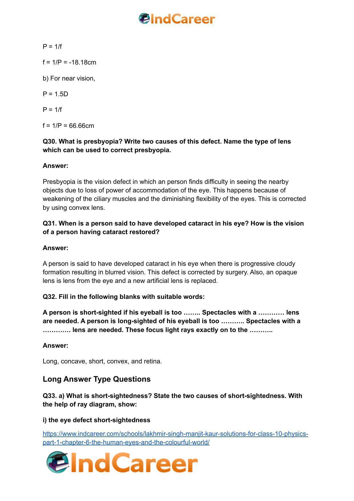 Lakhmir Singh Manjit Kaur Solutions for Class 10 Physics (Part 1) Chapter 6- The Human Eyes And The Colourful World - Page 29