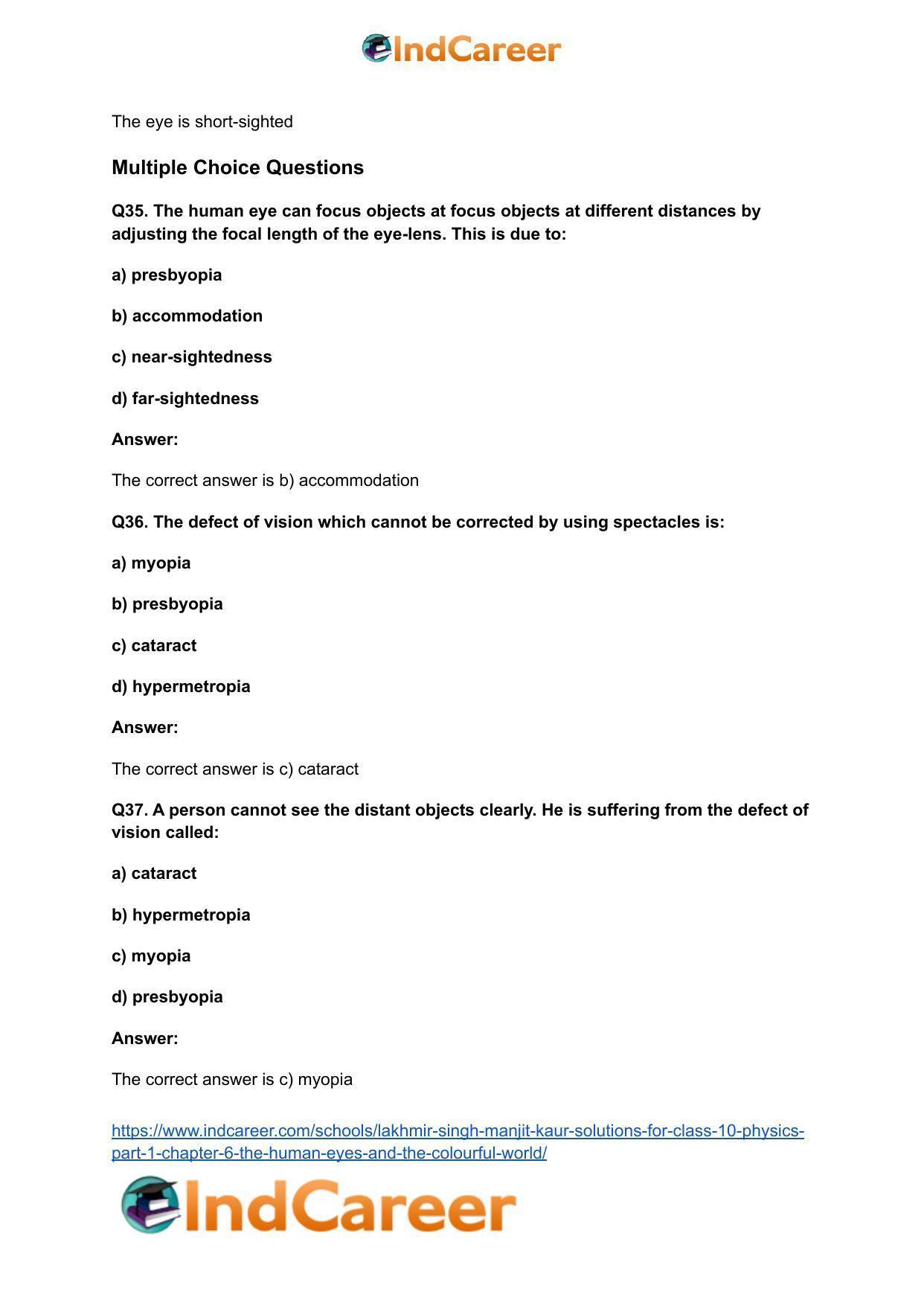 Lakhmir Singh Manjit Kaur Solutions for Class 10 Physics (Part 1) Chapter 6- The Human Eyes And The Colourful World - Page 35