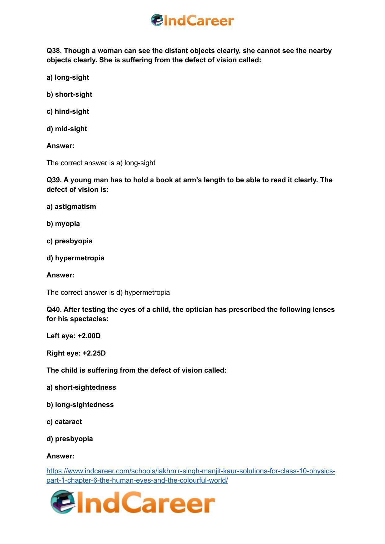 Lakhmir Singh Manjit Kaur Solutions for Class 10 Physics (Part 1) Chapter 6- The Human Eyes And The Colourful World - Page 36