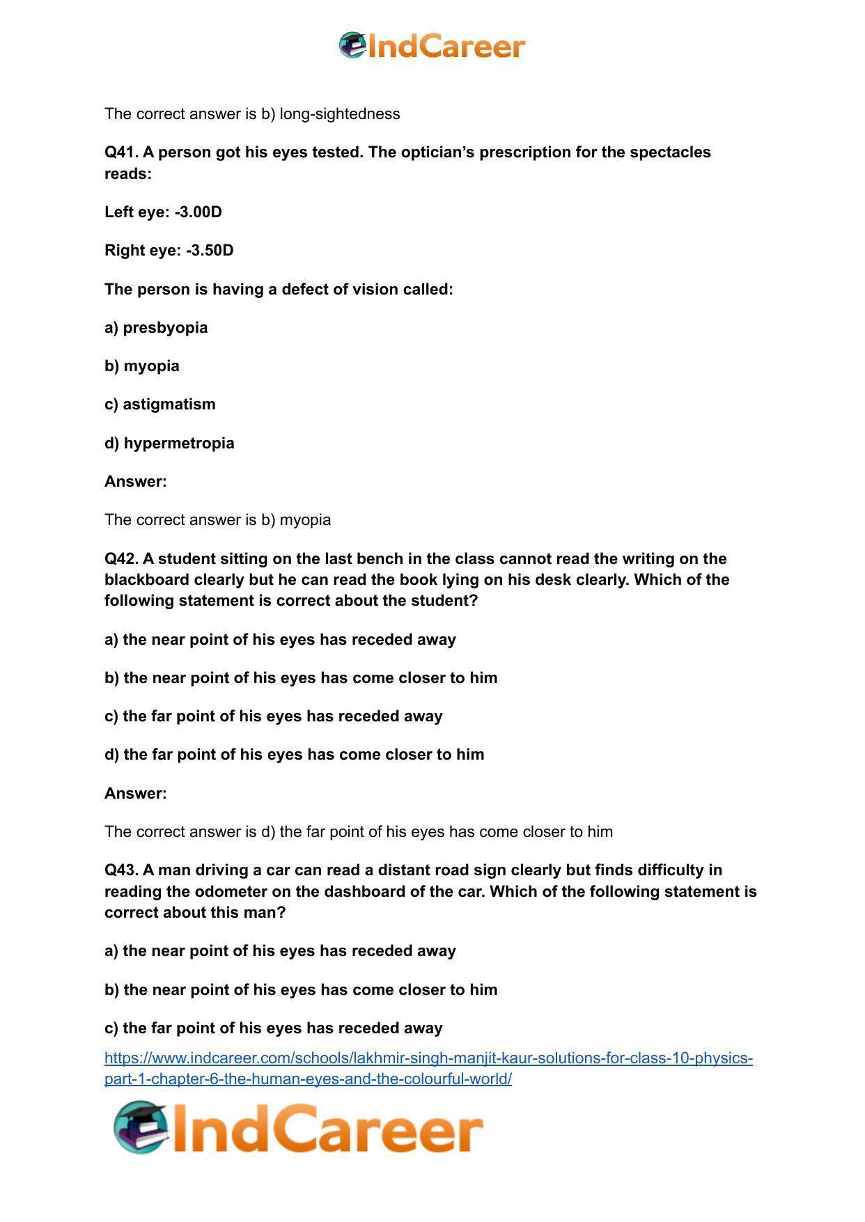 Lakhmir Singh Manjit Kaur Solutions for Class 10 Physics (Part 1) Chapter 6- The Human Eyes And The Colourful World - Page 37