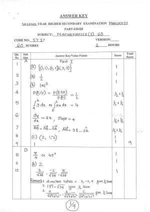 Kerala Plus Two (Class 12th) Answer Key 2022 - Maths Science