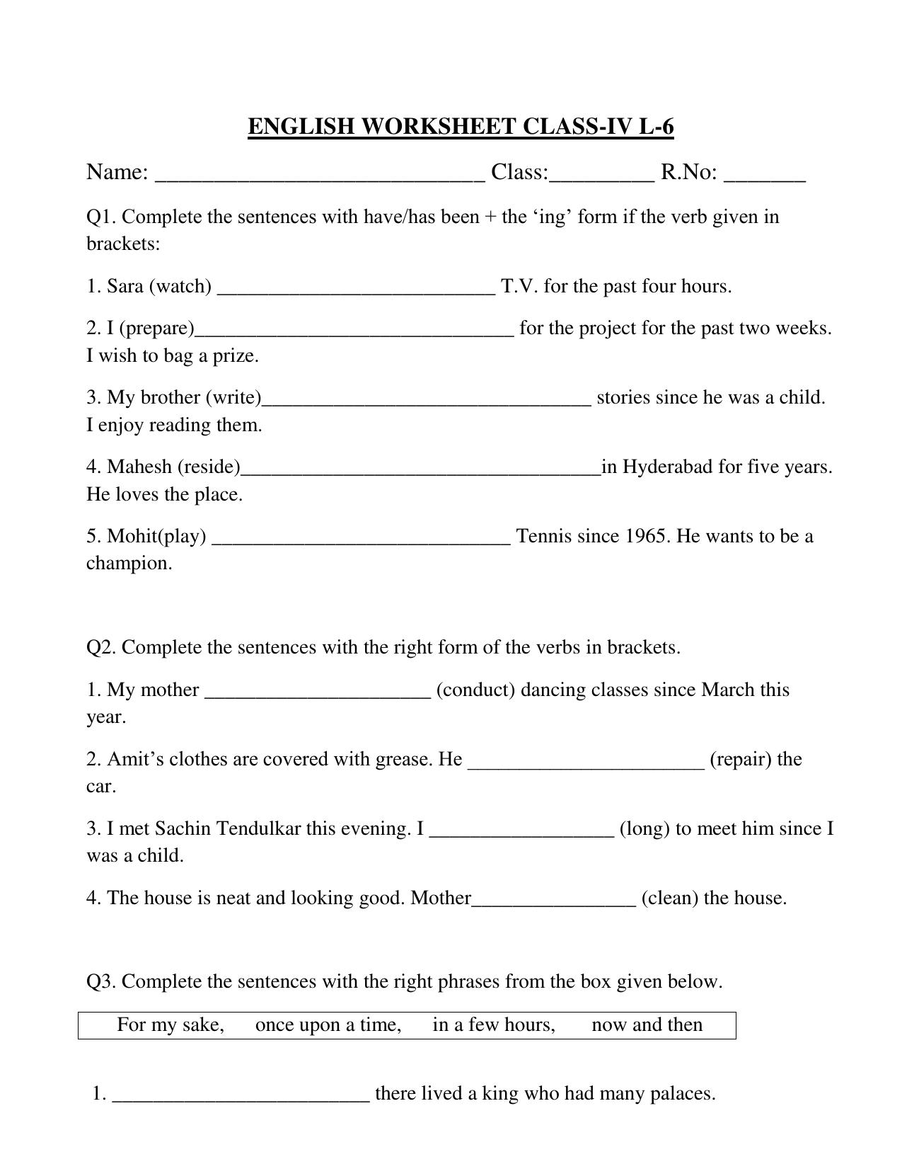 Worksheet for Class 4 English Assignment 42 - Page 1