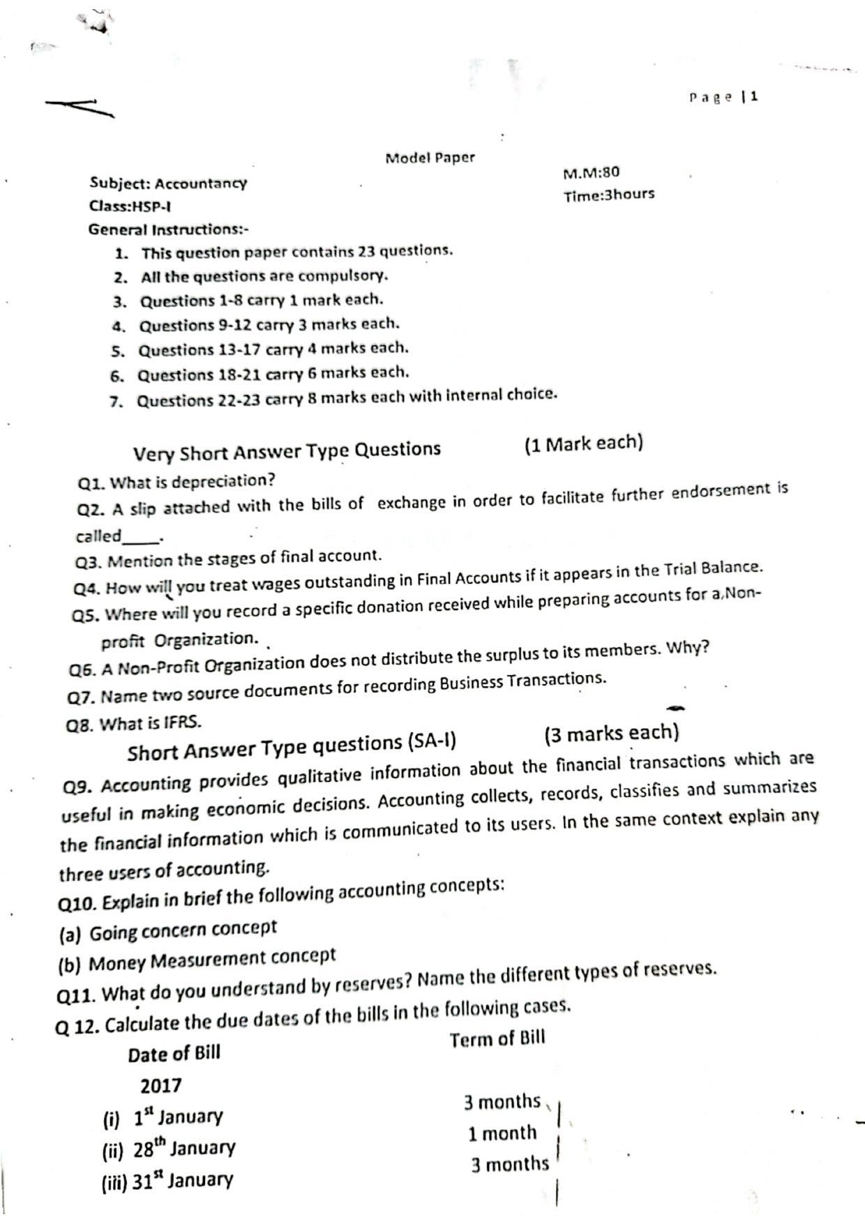 JKBOSE Class 11 Accountancy Model Question Paper 2023 - Page 1