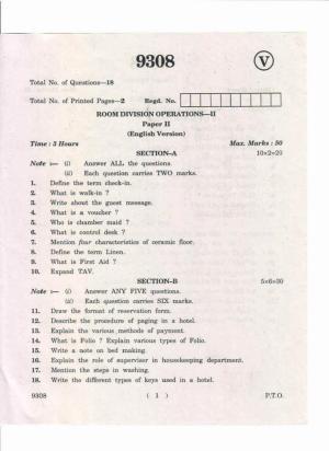 AP Inter 2nd Year Room Division Operations-II May-2019-Vocational Question Paper