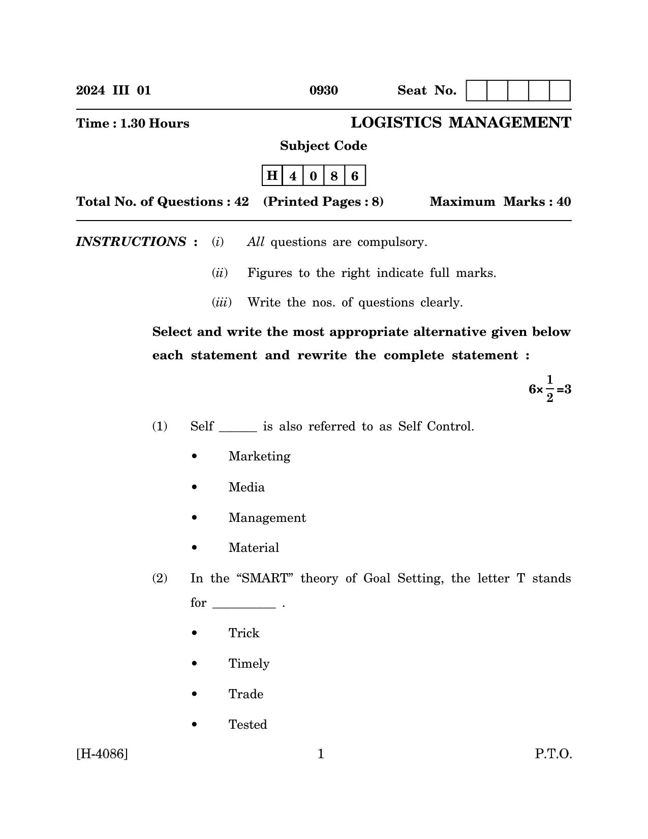 Goa Board Class 12 Logistics Management (March 2024) Question Paper - Page 1