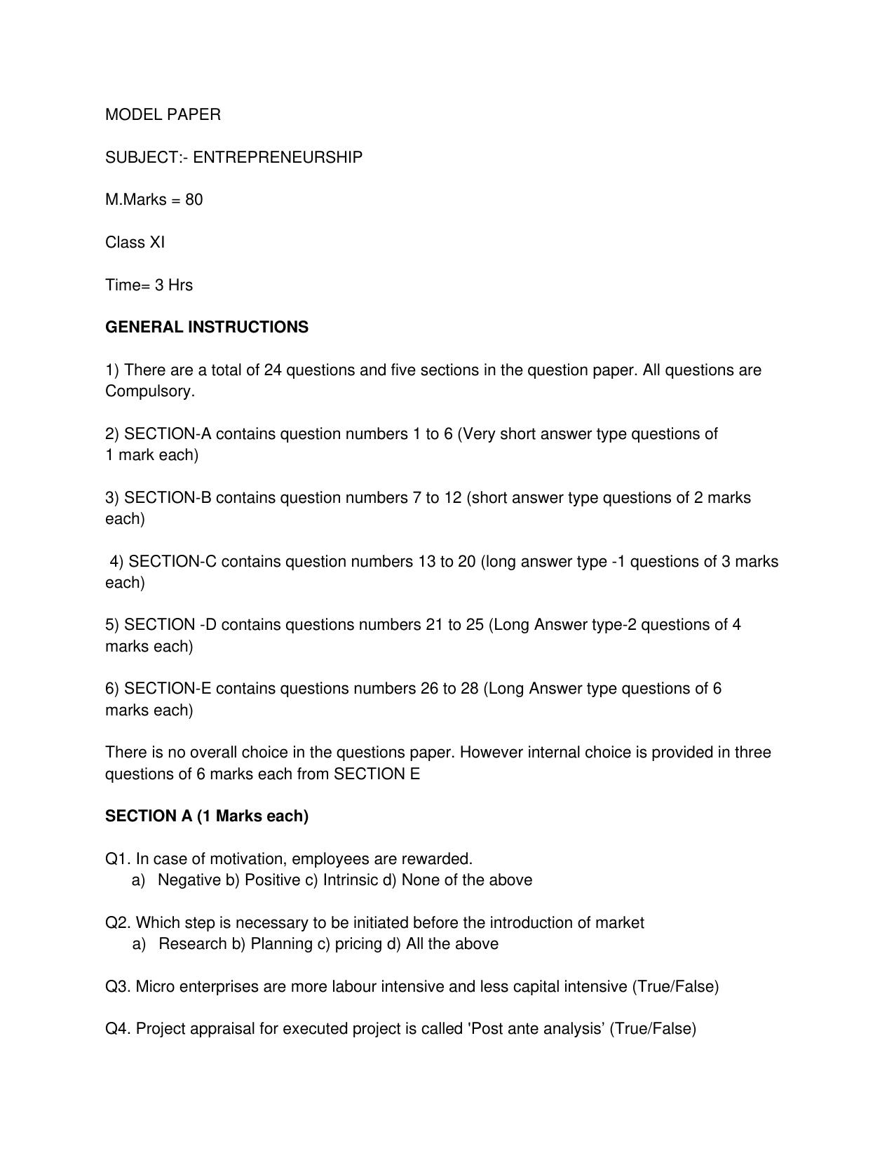 JKBOSE Class 11 Entrepreneurship Model Question Paper - Page 1