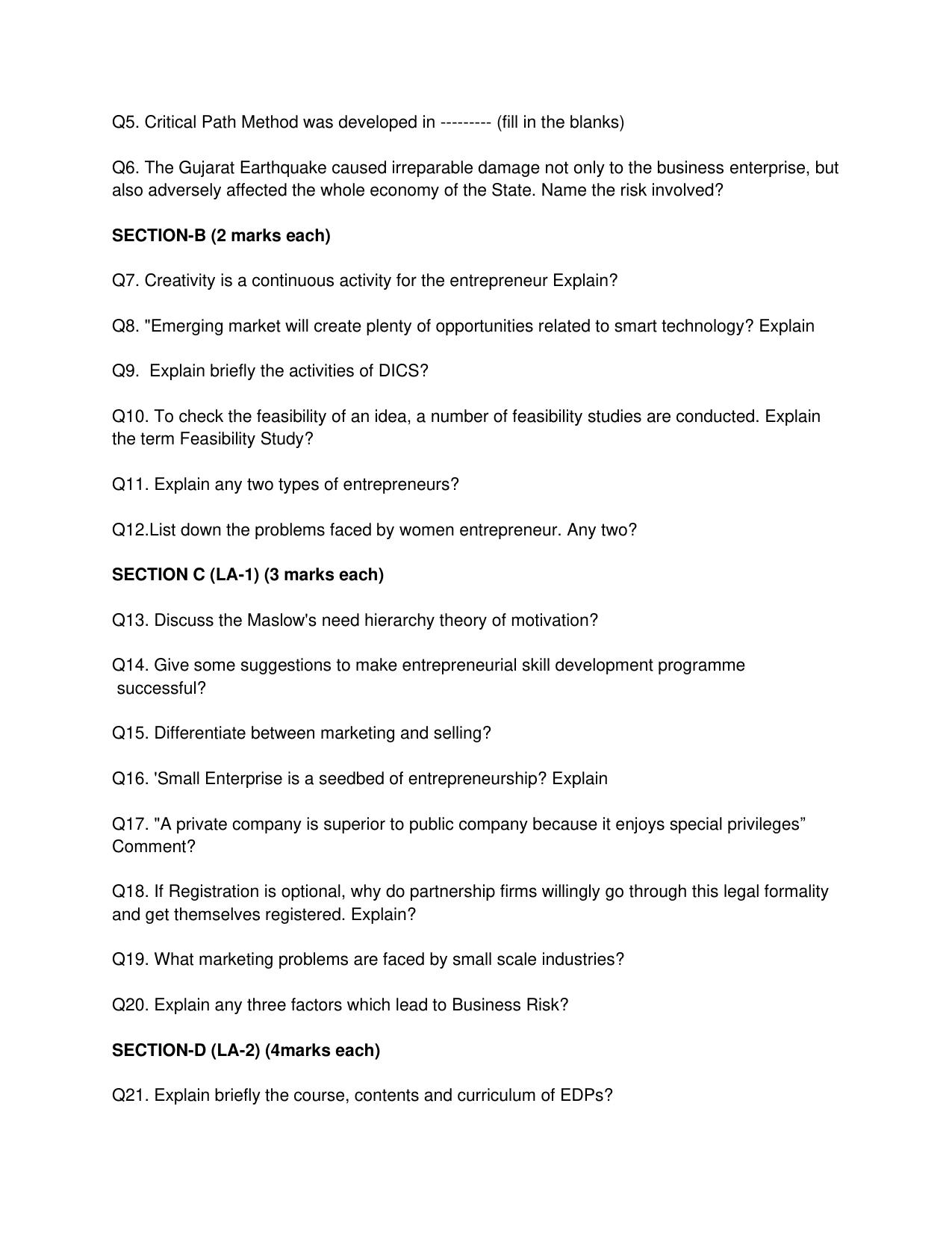 JKBOSE Class 11 Entrepreneurship Model Question Paper - Page 2