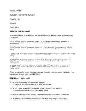 JKBOSE Class 11 Entrepreneurship Model Question Paper