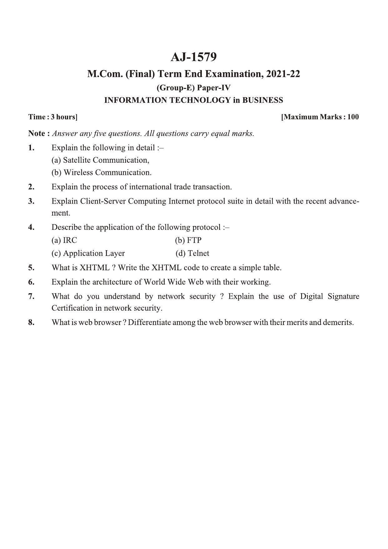 Bilaspur University Question Paper (Final) Information