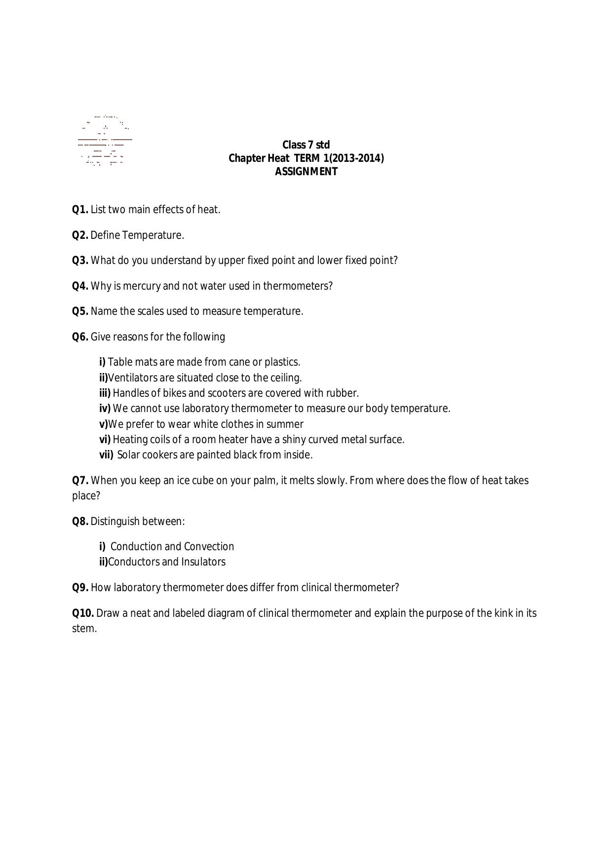 CBSE Worksheets for Class 7 Science Heat Assignment 1 - Page 1