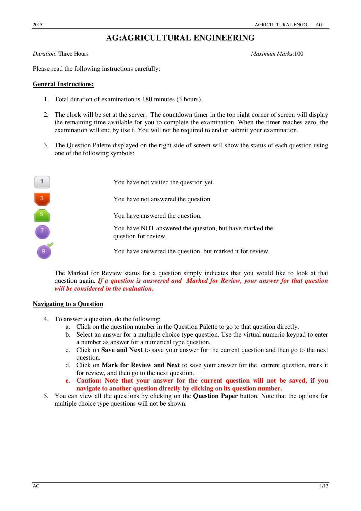 GATE 2013 Agricultural Engineering (AG) Question Paper with Answer Key - Page 1