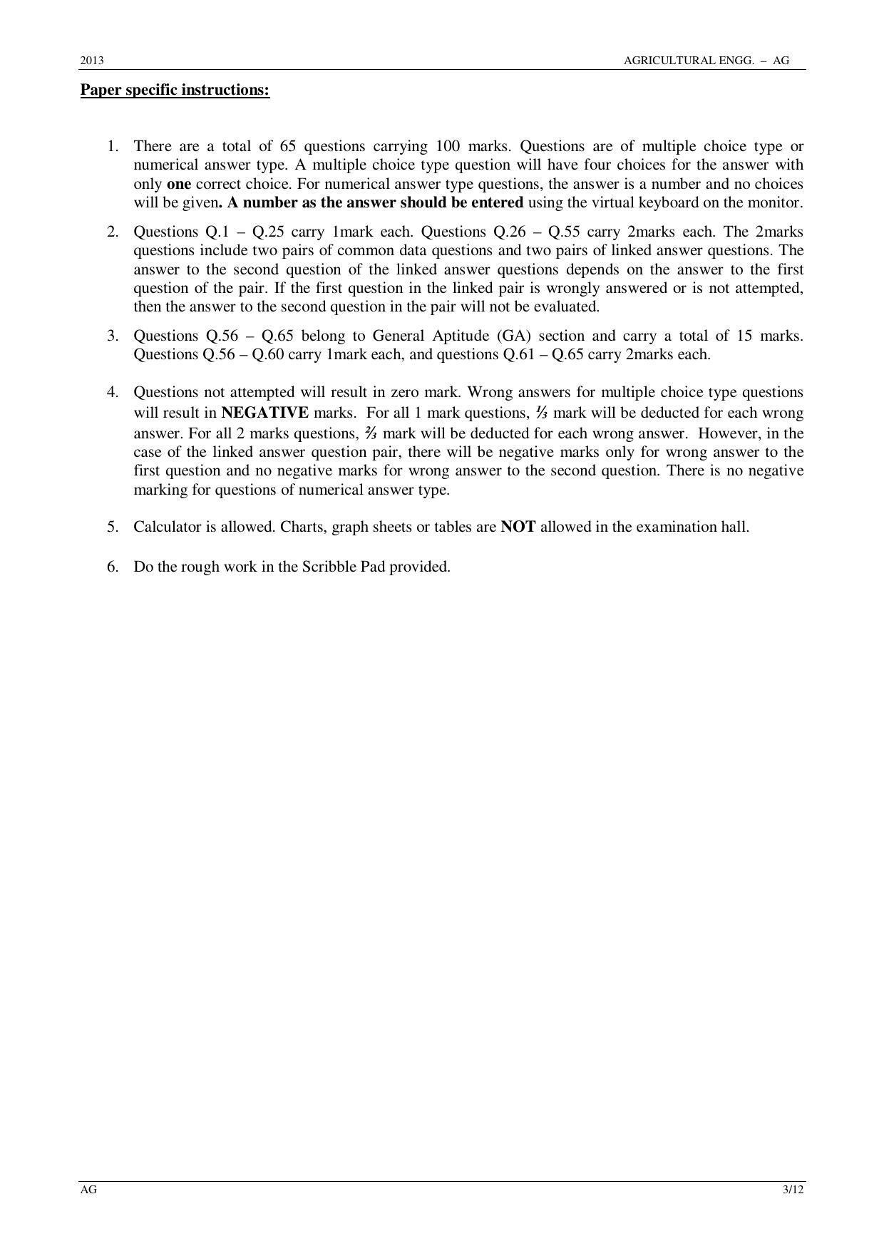 GATE 2013 Agricultural Engineering (AG) Question Paper with Answer Key - Page 3