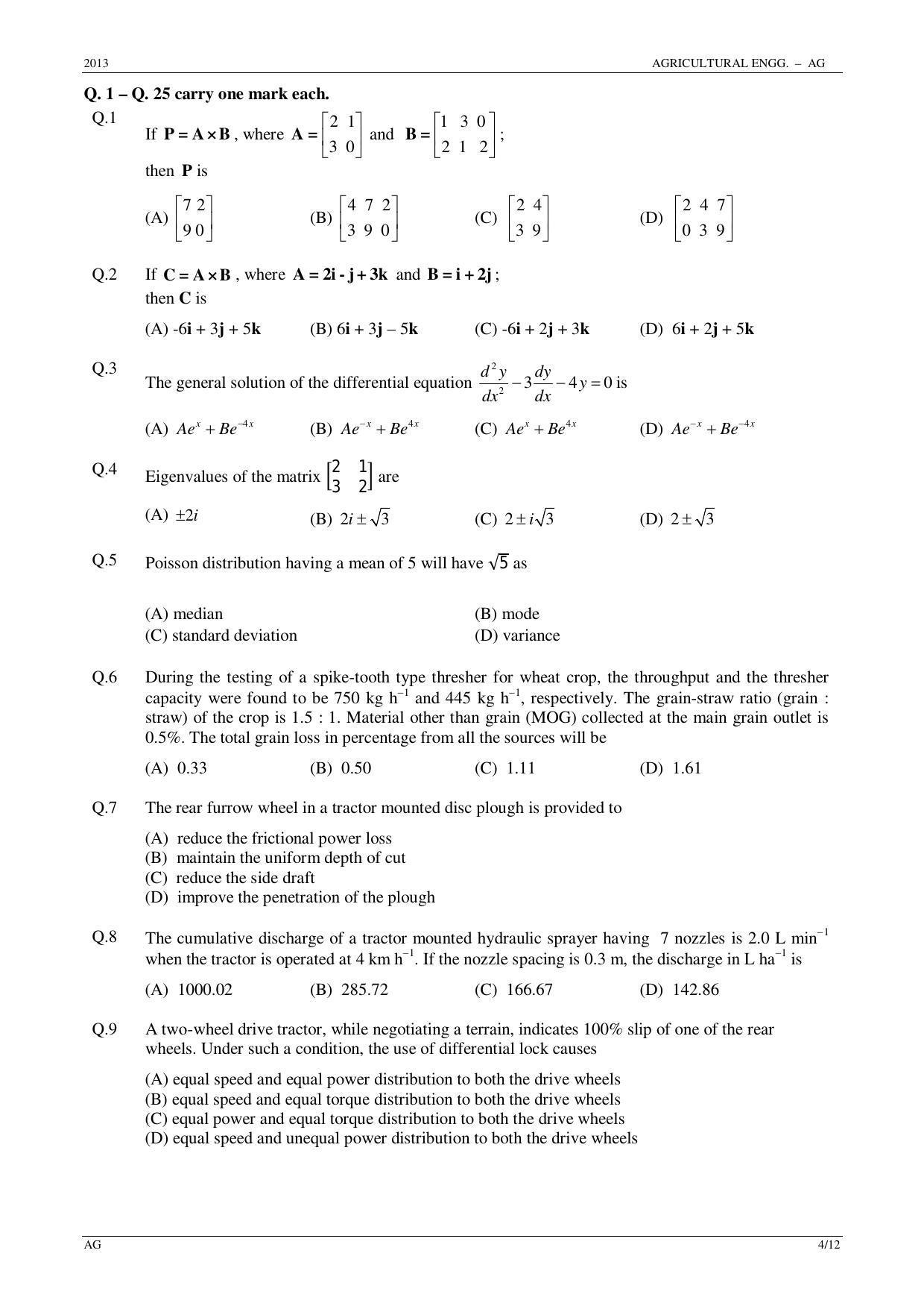 GATE 2013 Agricultural Engineering (AG) Question Paper with Answer Key - Page 4