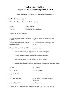 CUCAT 2021 Integrated M.A. in Development Studies Question Paper