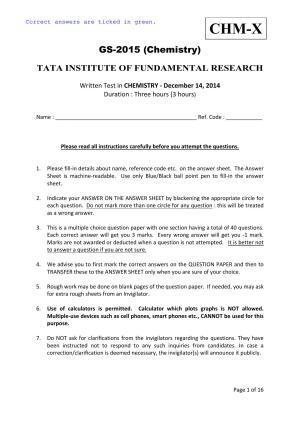 TIFR GS 2015 Chemistry X Question Paper