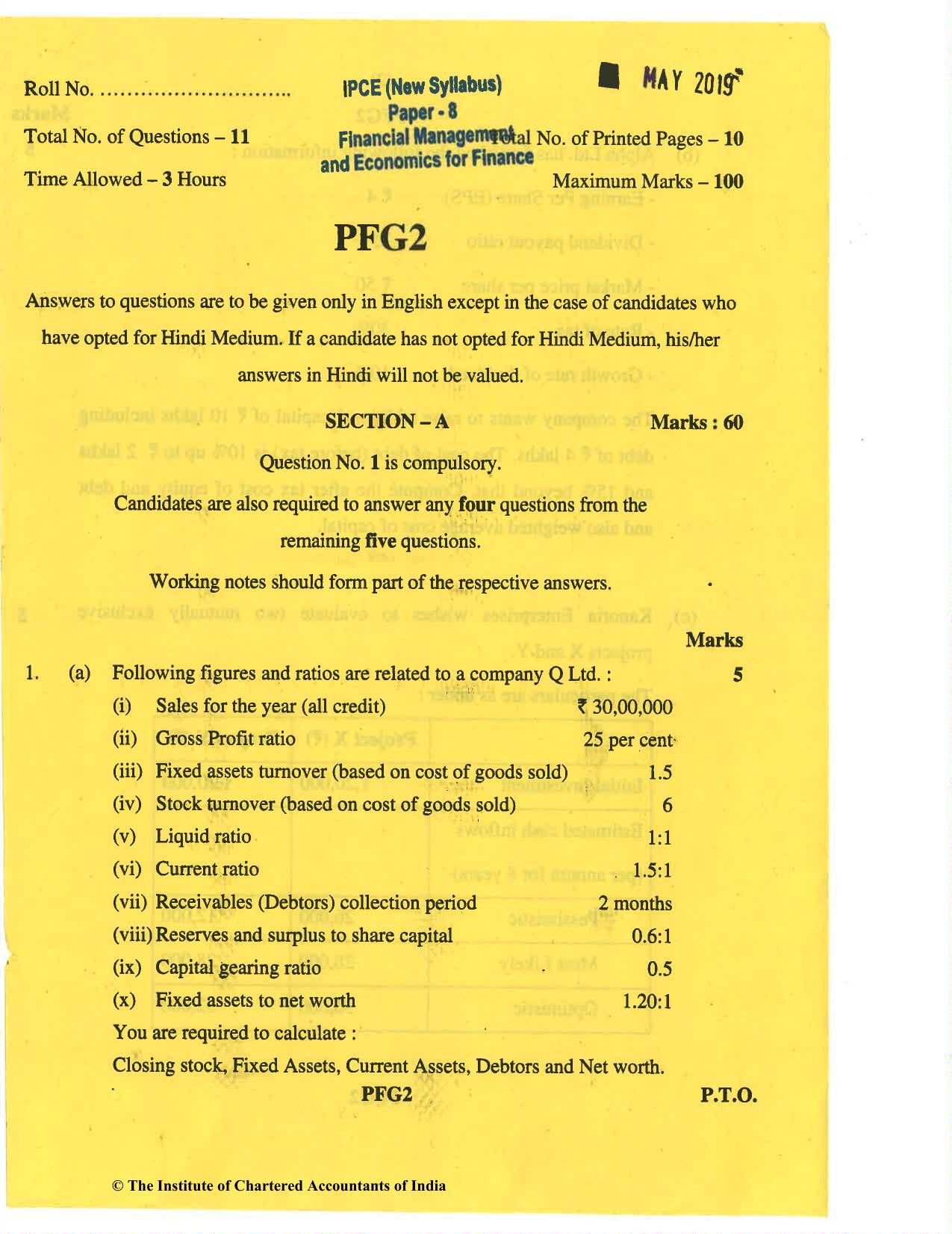 CA Inter May 2019 Question Paper - Paper 8 – Financial Management & Economics for Finance - Page 1