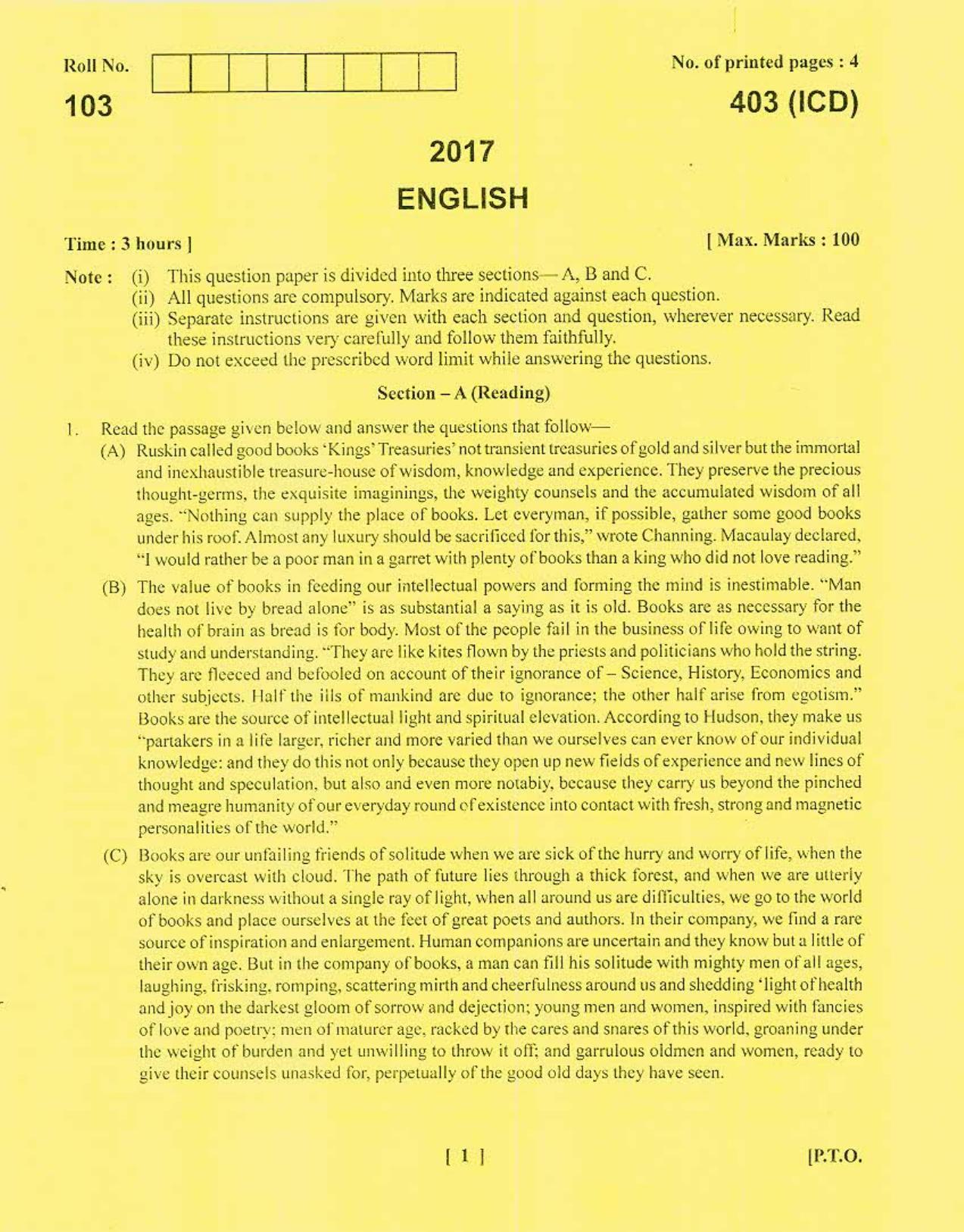 UBSE Class 12 English 2017 Question Paper - Page 1