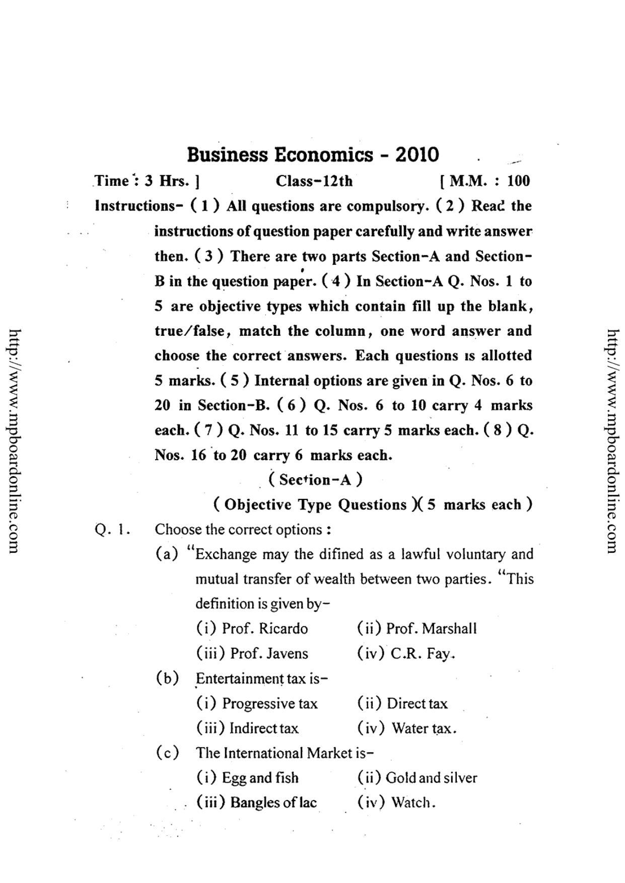 MP Board Class 12 Business Economics (English Medium) 2010 Question Paper - Page 1