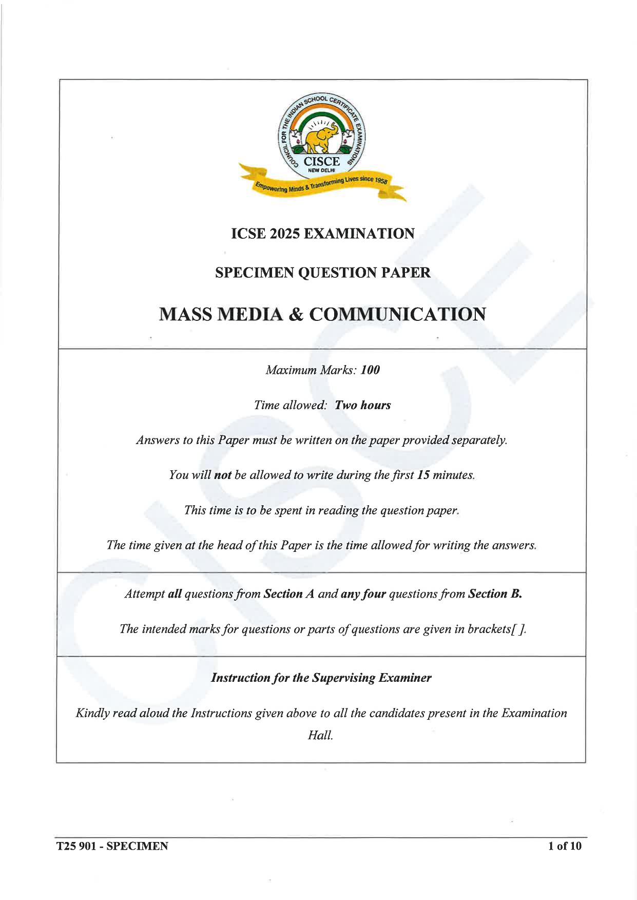 ICSE Class 10 2025 Mass Media & Communication (QP & MS) Specimen Paper - Page 1
